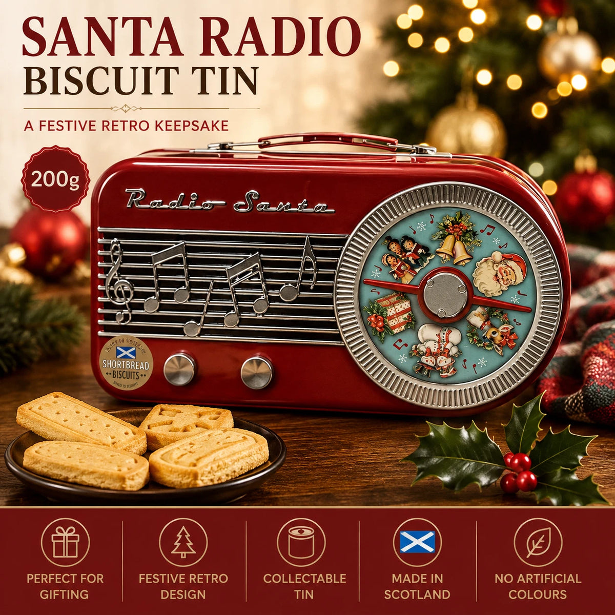 Christmas Santa Radio Shortbread Biscuit Tin 200g – Red Retro Keepsake Gift Tin