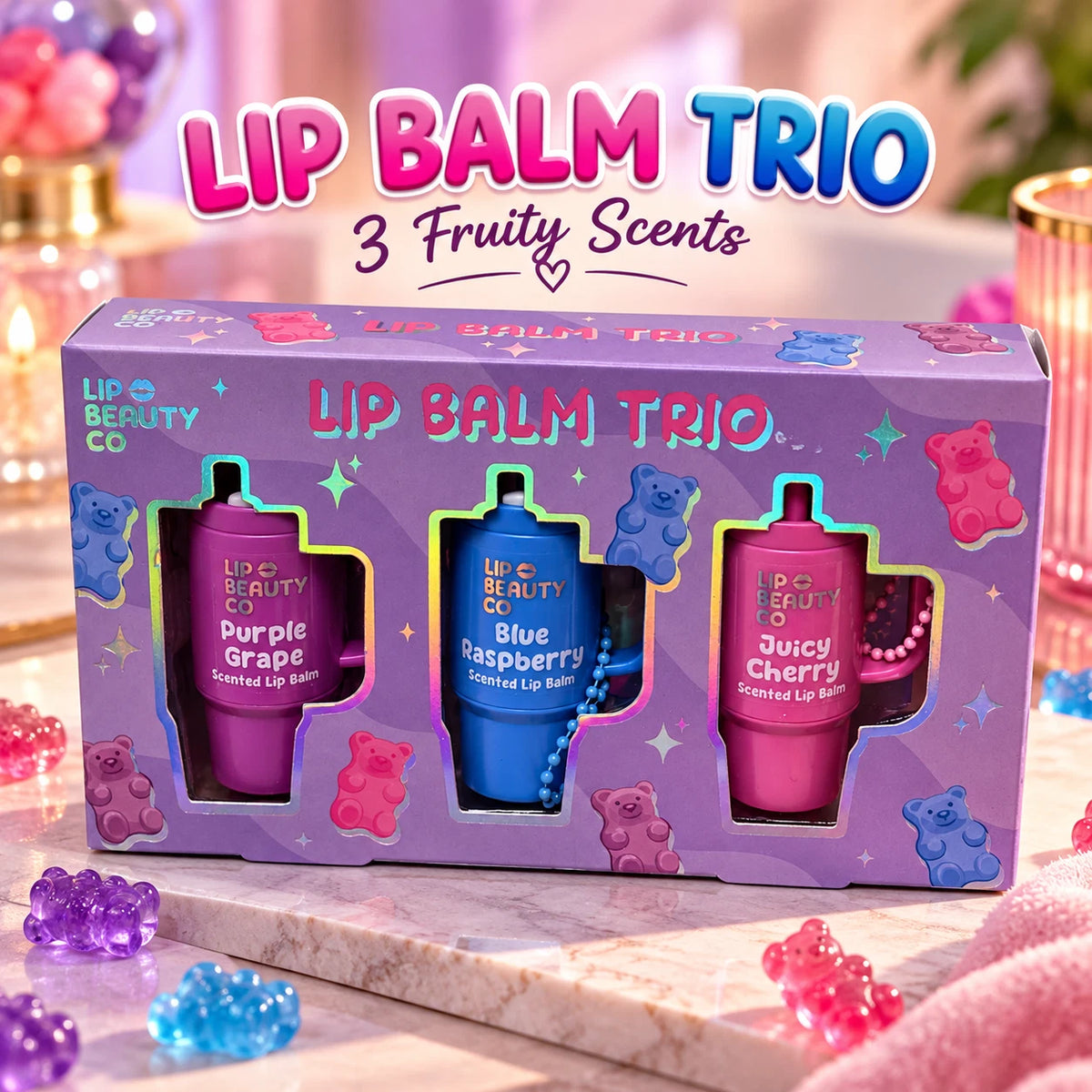 Lip Beauty Co Fruity Lip Balm Trio Gift Set – Grape, Raspberry & Cherry