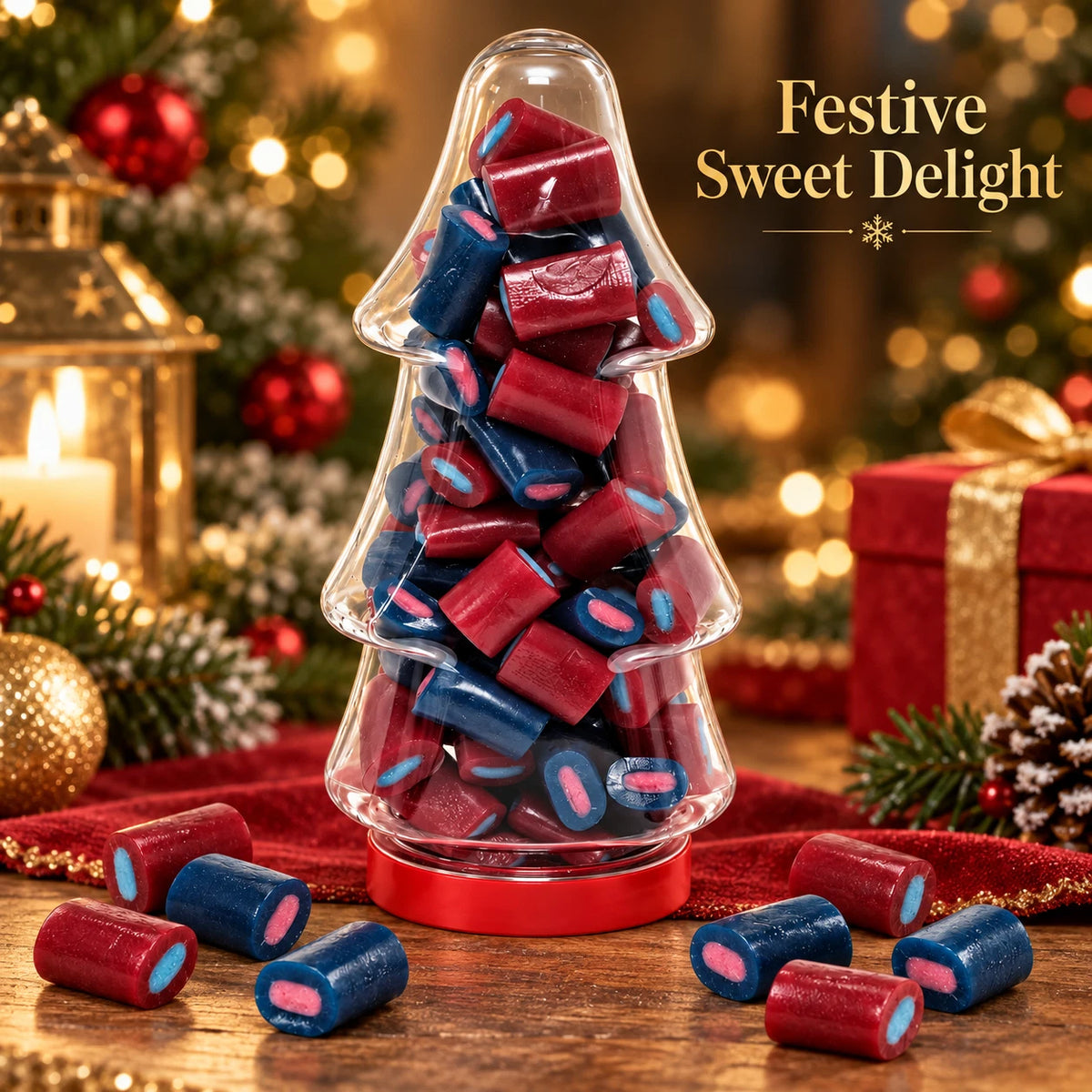 Halal Strawberry & Bubblegum Soft Candy in Christmas Tree-Shaped Sweet Jar
