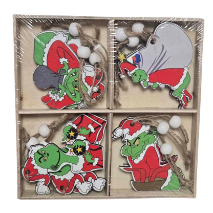 The Grinch Christmas Hanging Decorations with Twine Loops & White Beads – Assorted Festive Tree Ornaments