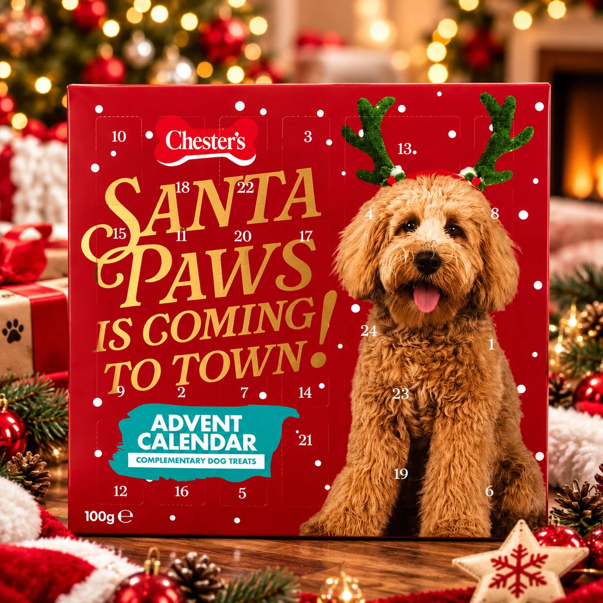 Chesters Christmas Dog Advent Calendar 100g – 24 Doors with 6 Festive Treat Varieties