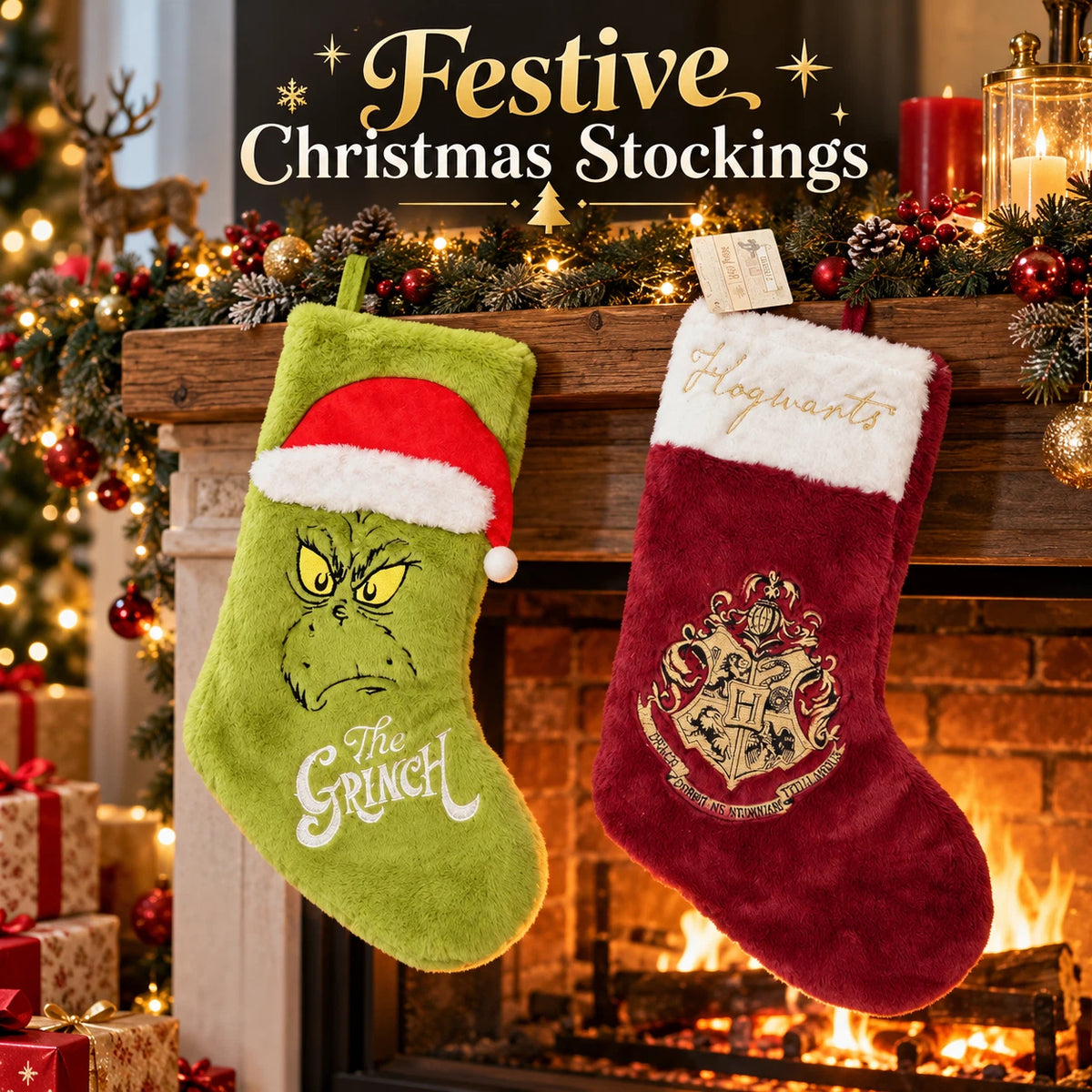 The Grinch or Harry Potter Hogwarts Christmas Stocking | 18 Inch Plush Hanging Decoration