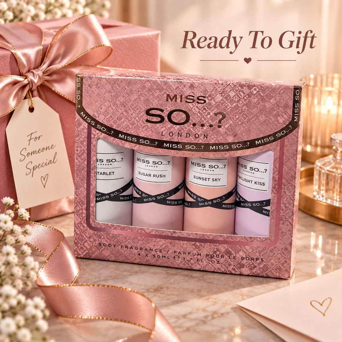 4 Piece Body Fragrance Spray Gift Set – 4 x 50ml Assorted Scents in Pink Gift Box