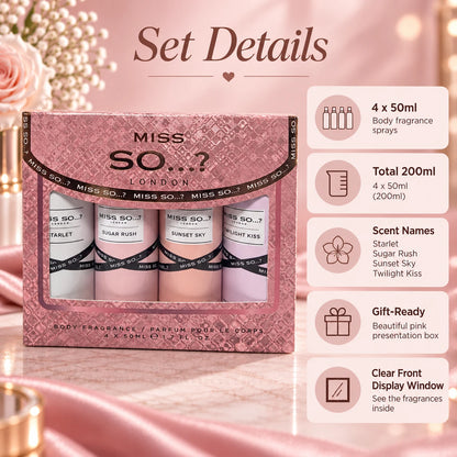 4 Piece Body Fragrance Spray Gift Set – 4 x 50ml Assorted Scents in Pink Gift Box