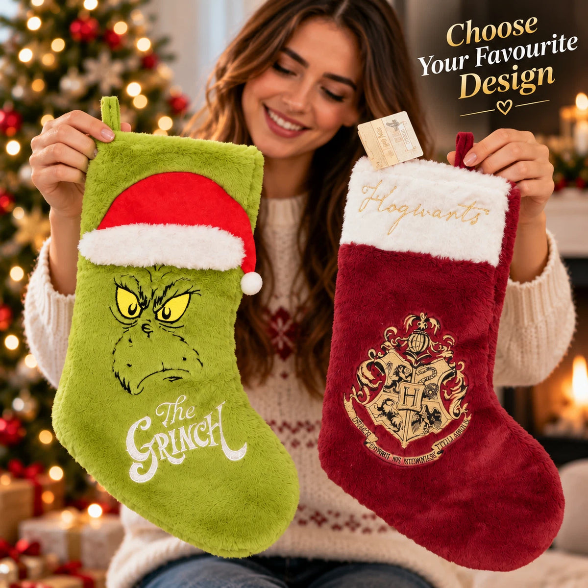 The Grinch or Harry Potter Hogwarts Christmas Stocking | 18 Inch Plush Hanging Decoration