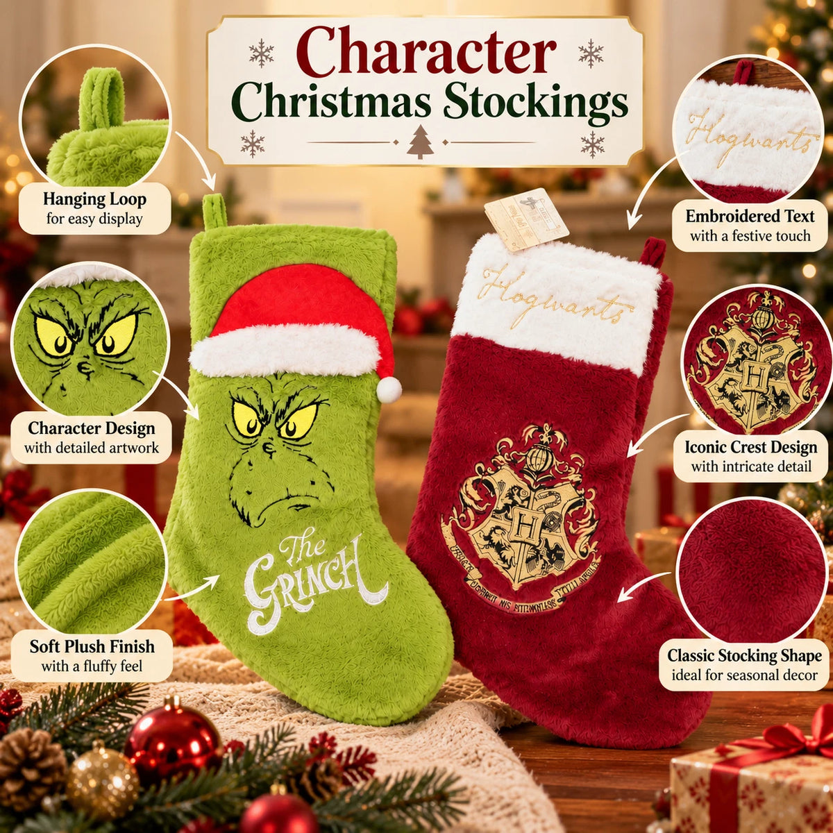 The Grinch or Harry Potter Hogwarts Christmas Stocking | 18 Inch Plush Hanging Decoration