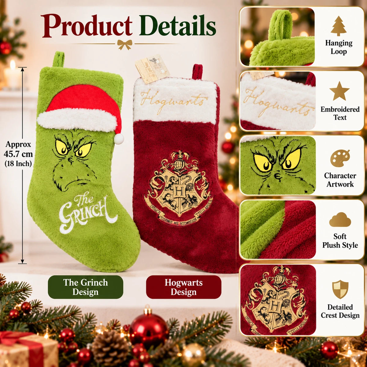 The Grinch or Harry Potter Hogwarts Christmas Stocking | 18 Inch Plush Hanging Decoration