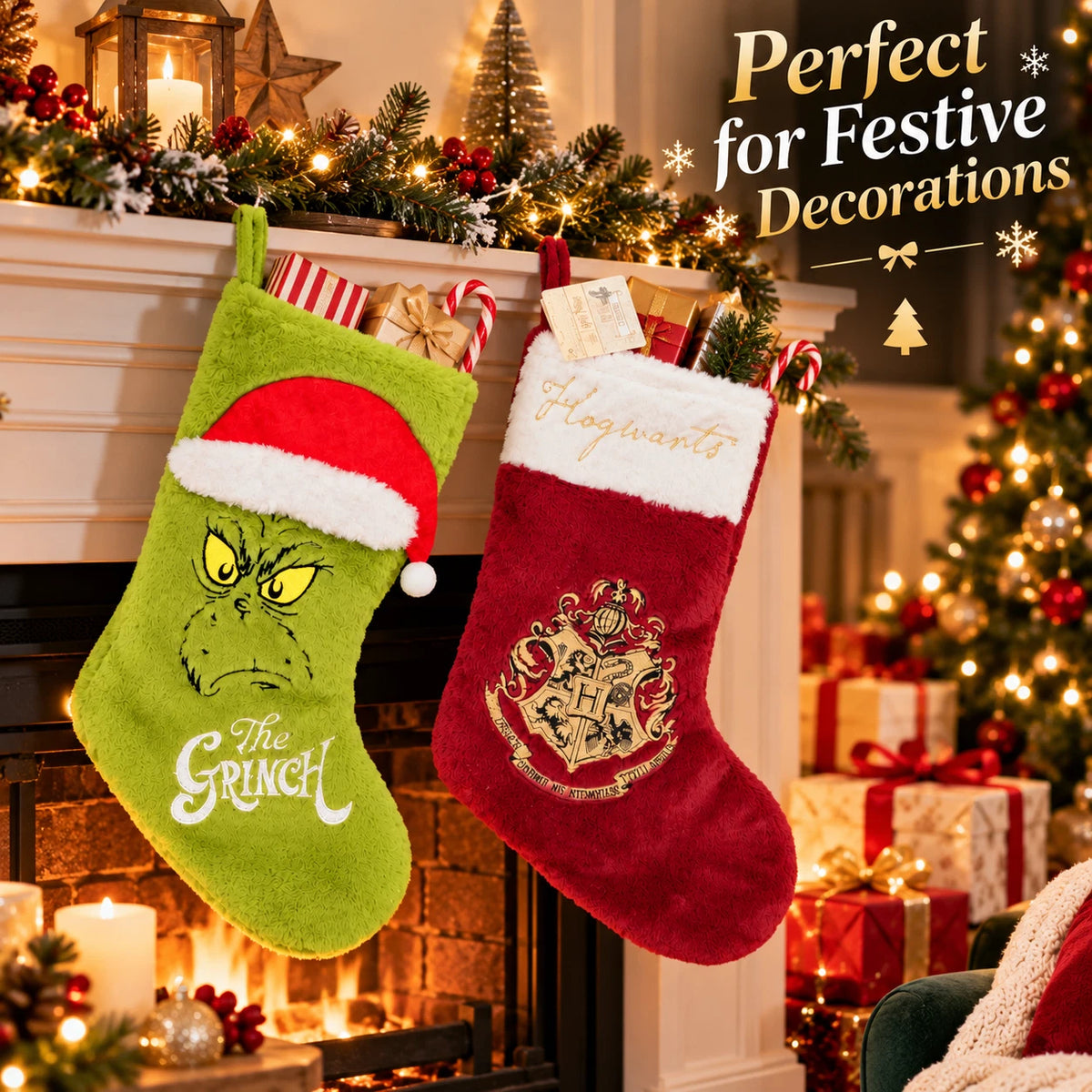 The Grinch or Harry Potter Hogwarts Christmas Stocking | 18 Inch Plush Hanging Decoration