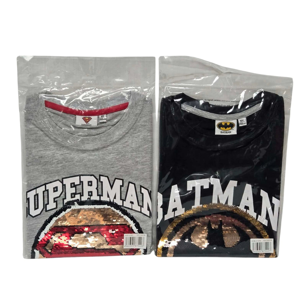 Boys Superman Batman Sequin T-Shirts Short Sleeve Ages 6 8 10 Single or Twin Pack