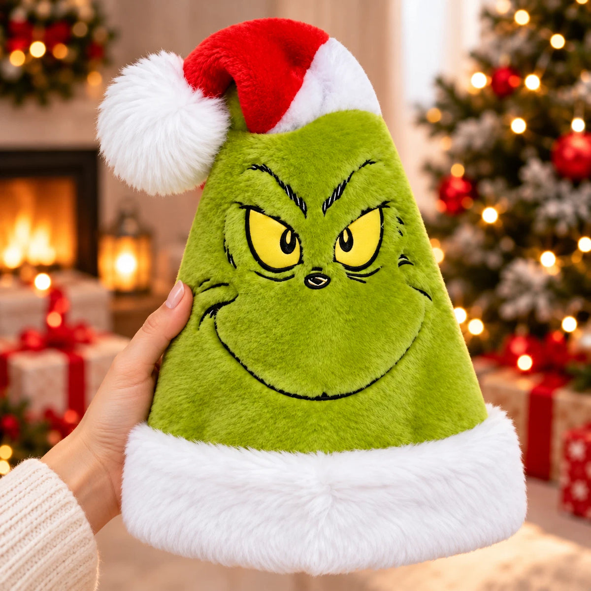 The Grinch Adult Santa Hat Green Fluffy Novelty Christmas Hat with White Trim & Pom-Pom