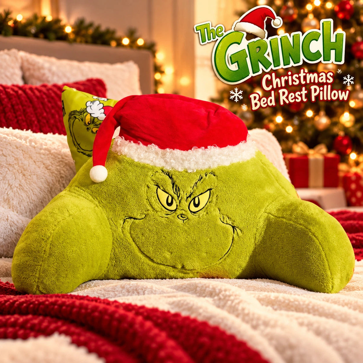 The Grinch Christmas Plush Bed Rest Pillow with Arms & Santa Hat Green Backrest Cushion 43cm