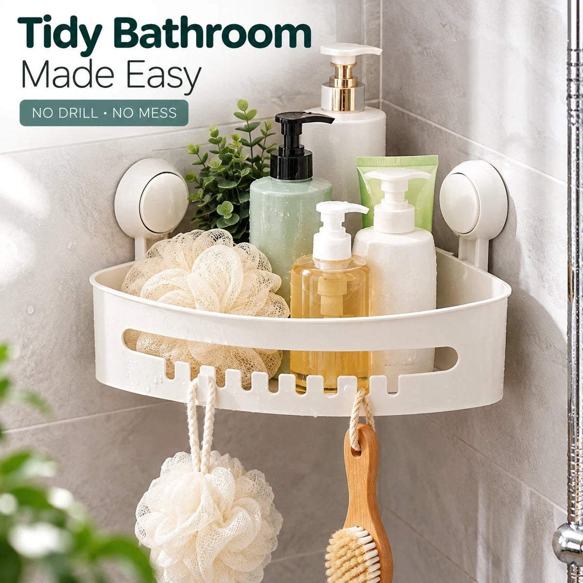 White Corner Shower Caddy with Suction Cups – No Drill Bathroom Storage Shelf