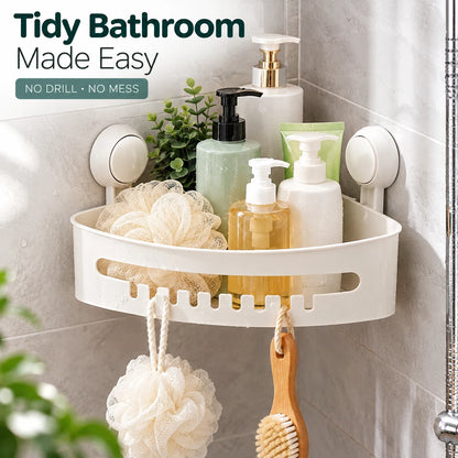 White Corner Shower Caddy with Suction Cups – No Drill Bathroom Storage Shelf