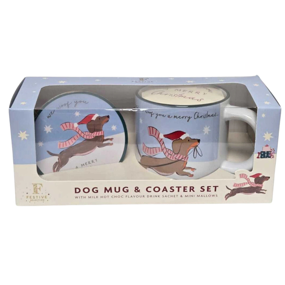 Christmas Dog Mug & Coaster Gift Set with Hot Chocolate & Mini Marshmallows in Gift Box