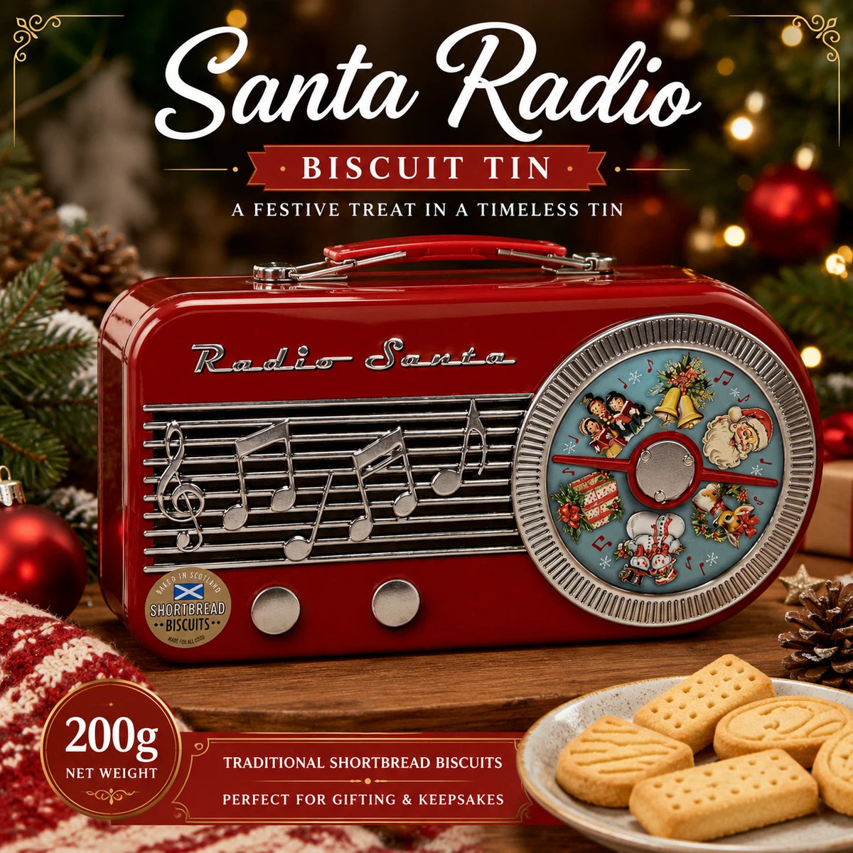 Christmas Santa Radio Shortbread Biscuit Tin 200g – Red Retro Keepsake Gift Tin