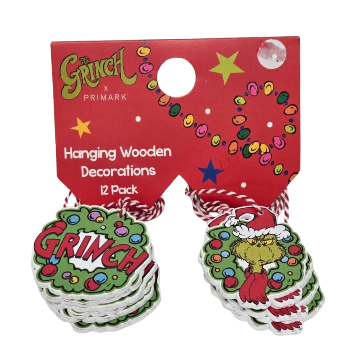 The Grinch Christmas Wooden Hanging Decorations 12 Pack – Assorted Wreath Tree Ornaments with Hanging Strings