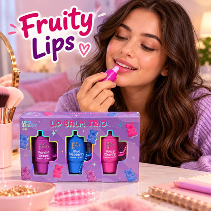 Lip Beauty Co Fruity Lip Balm Trio Gift Set – Grape, Raspberry & Cherry
