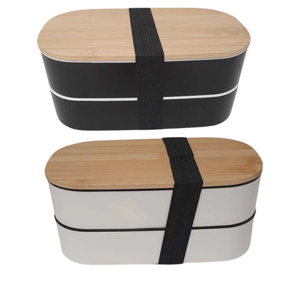 2 Tier Bento Lunch Box with Bamboo Lid, Reusable Cutlery & Elastic Strap – Black or White