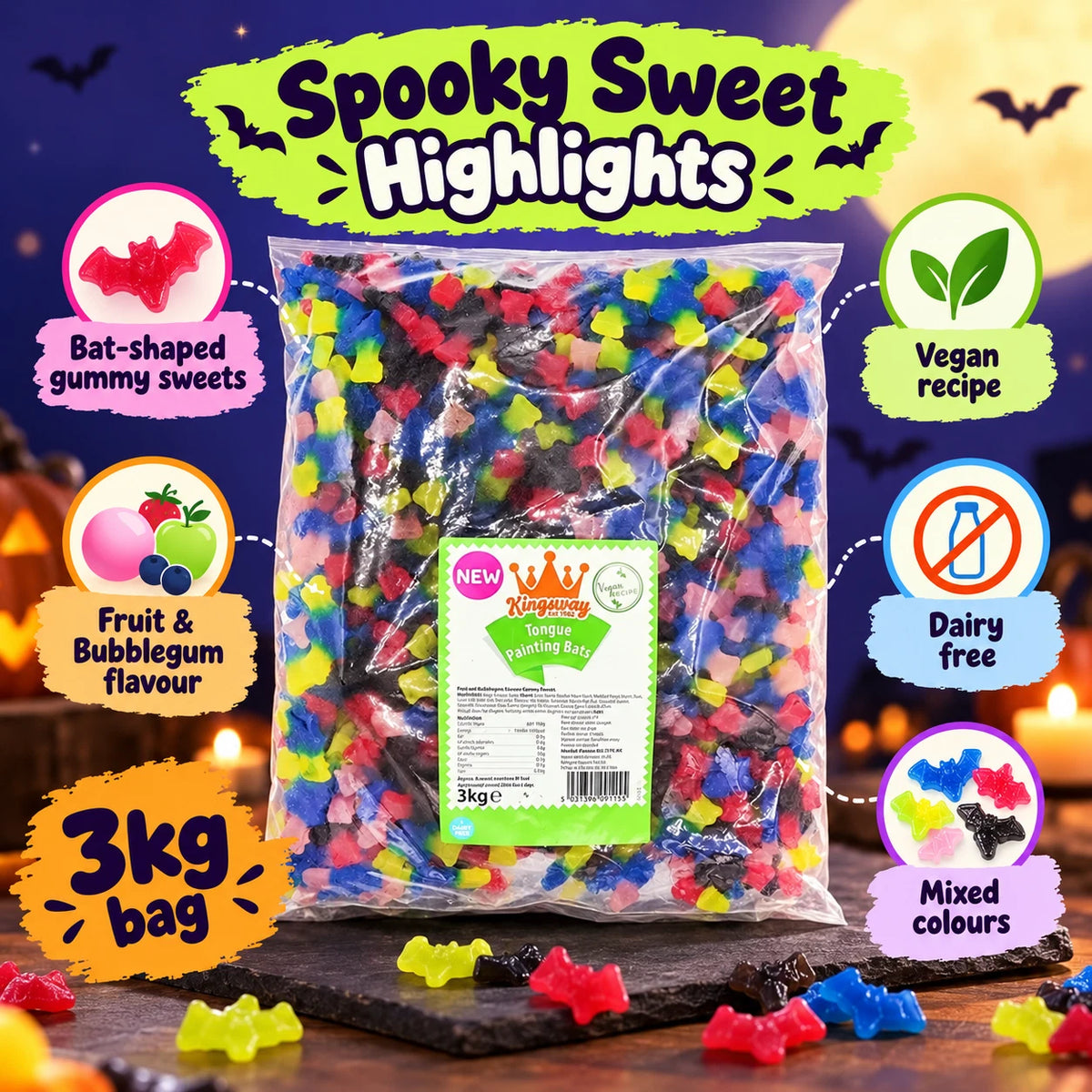 Halloween Bat Gummy Sweets Vegan Fruit & Bubblegum Jelly Candy Bulk 500g-3kg