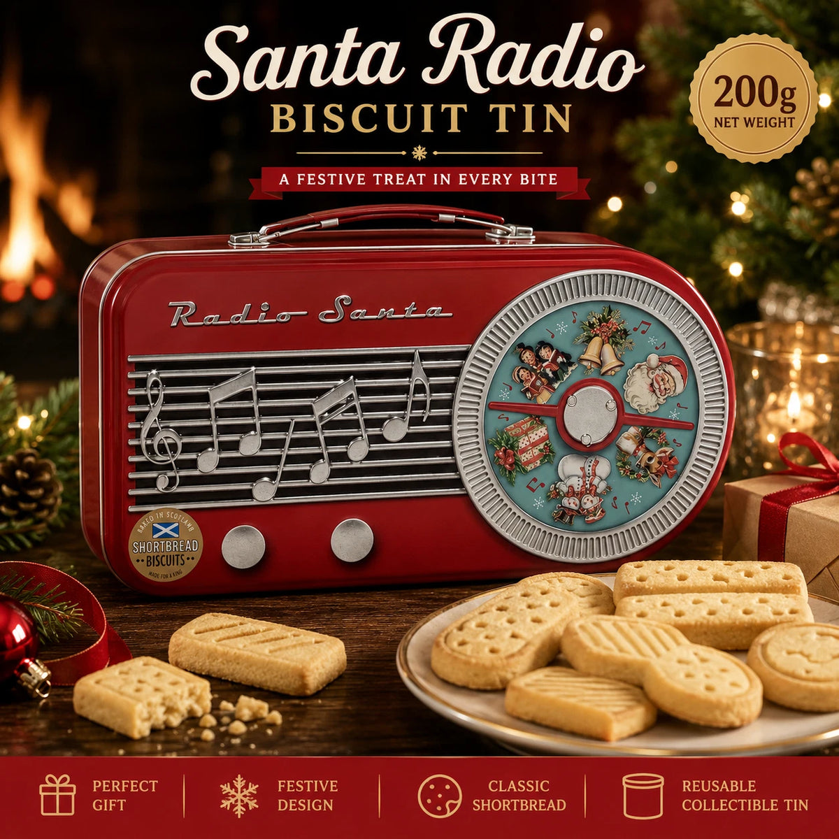 Christmas Santa Radio Shortbread Biscuit Tin 200g – Red Retro Keepsake Gift Tin