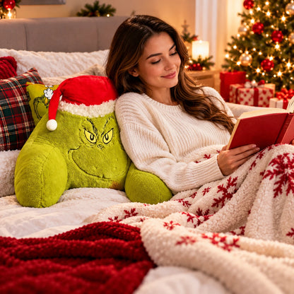 The Grinch Christmas Plush Bed Rest Pillow with Arms & Santa Hat Green Backrest Cushion 43cm