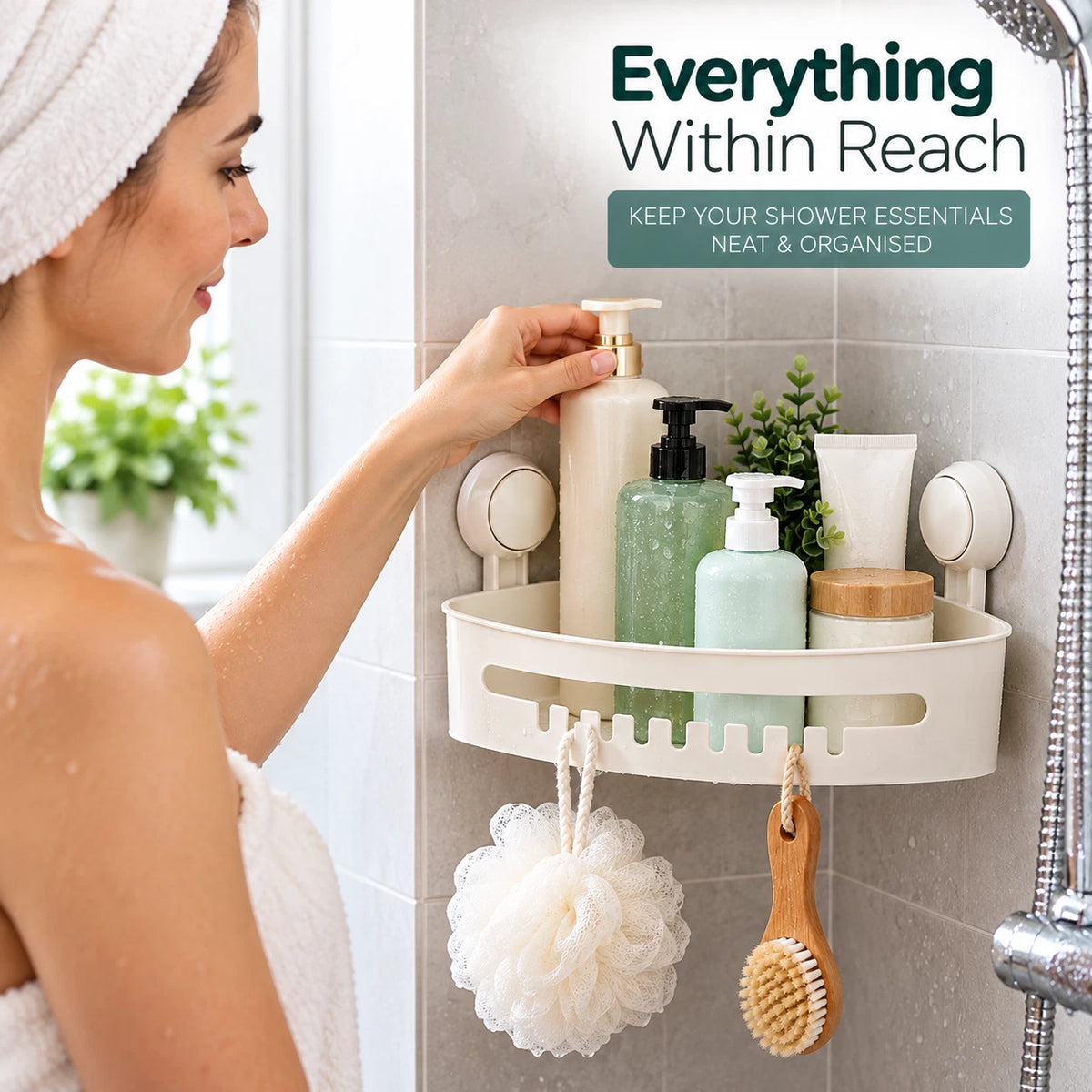 White Corner Shower Caddy with Suction Cups – No Drill Bathroom Storage Shelf