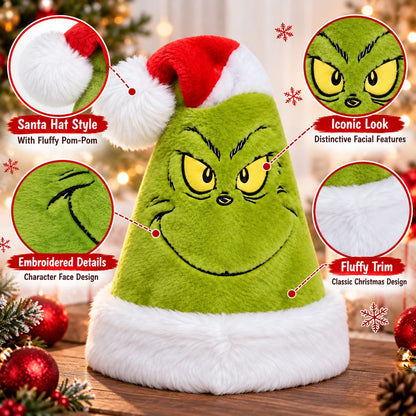 The Grinch Adult Santa Hat Green Fluffy Novelty Christmas Hat with White Trim & Pom-Pom