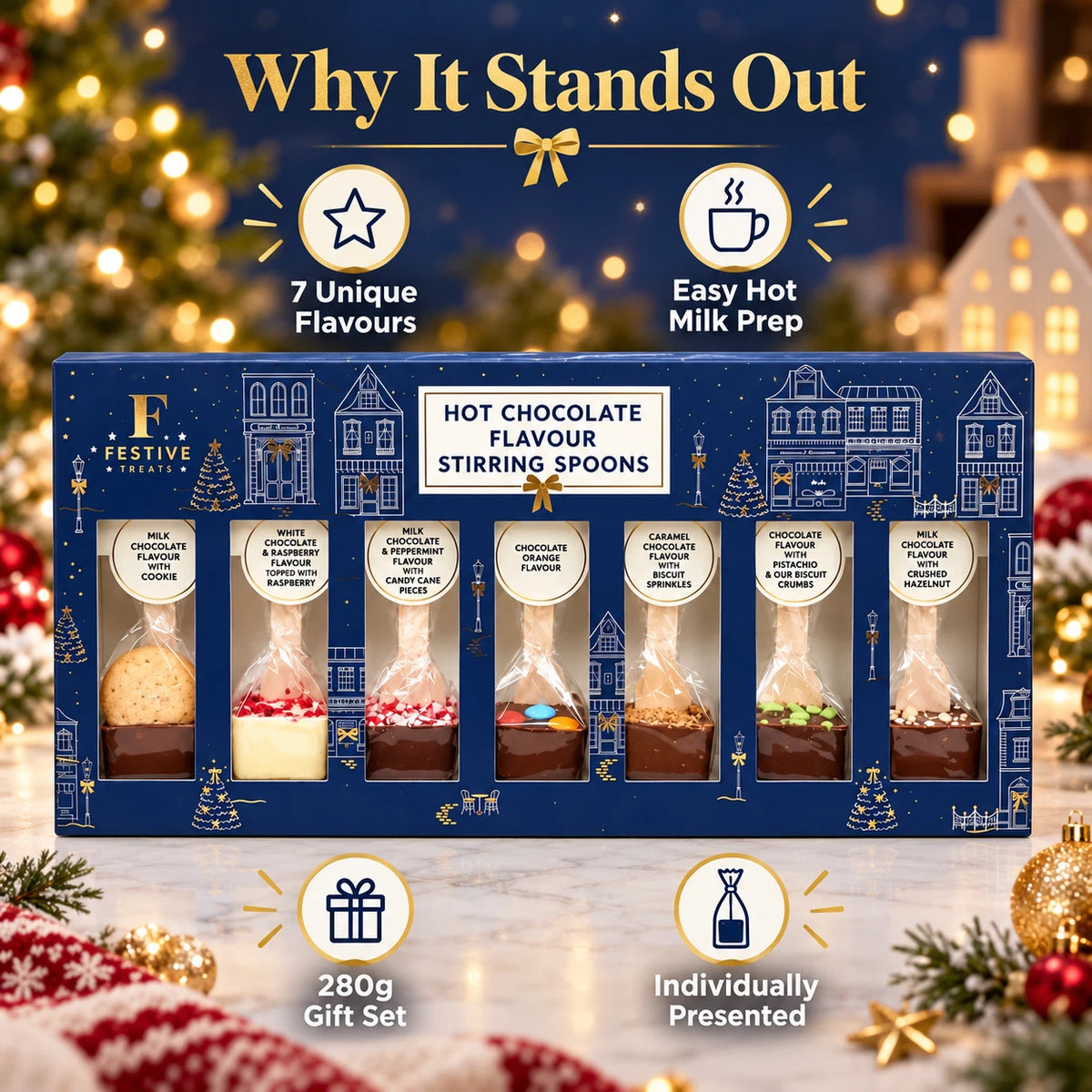 Hot Chocolate Flavour Stirring Spoons Gift Set – 7 Assorted Flavours – 280g