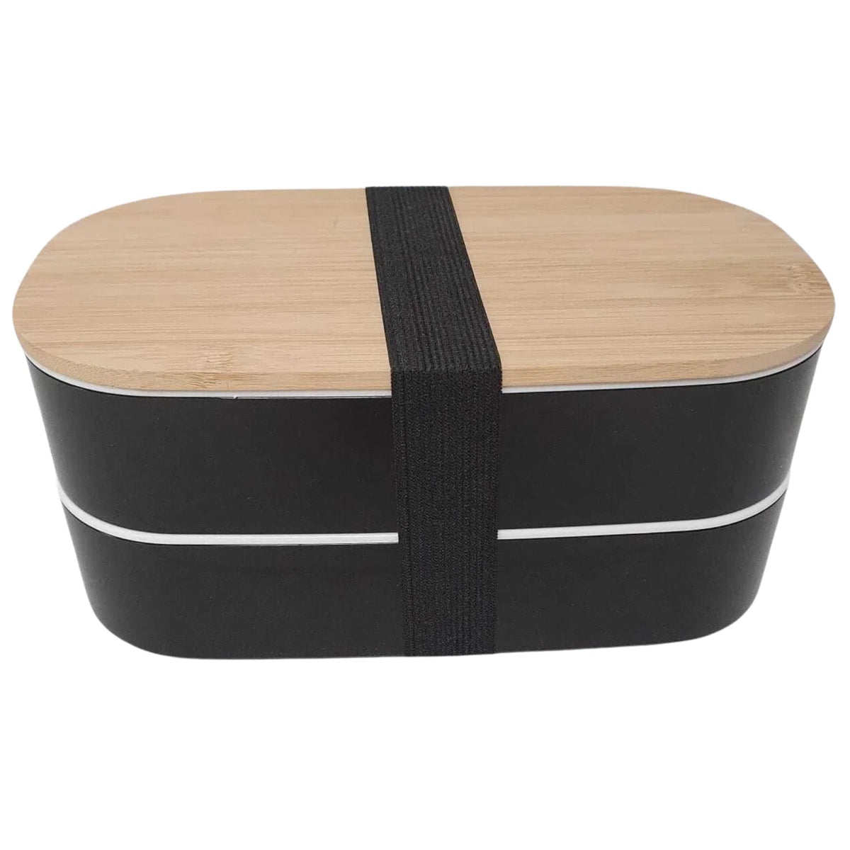 2 Tier Bento Lunch Box with Bamboo Lid, Reusable Cutlery & Elastic Strap – Black or White