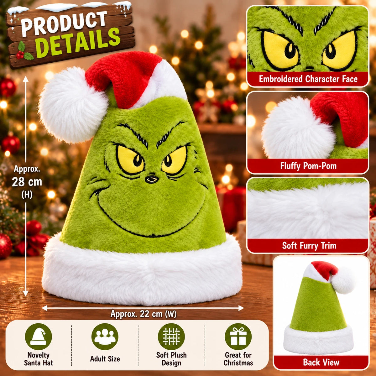 The Grinch Adult Santa Hat Green Fluffy Novelty Christmas Hat with White Trim & Pom-Pom