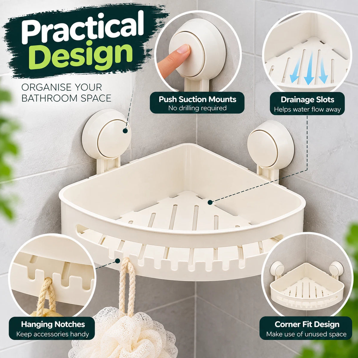 White Corner Shower Caddy with Suction Cups – No Drill Bathroom Storage Shelf