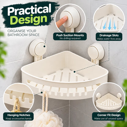 White Corner Shower Caddy with Suction Cups – No Drill Bathroom Storage Shelf