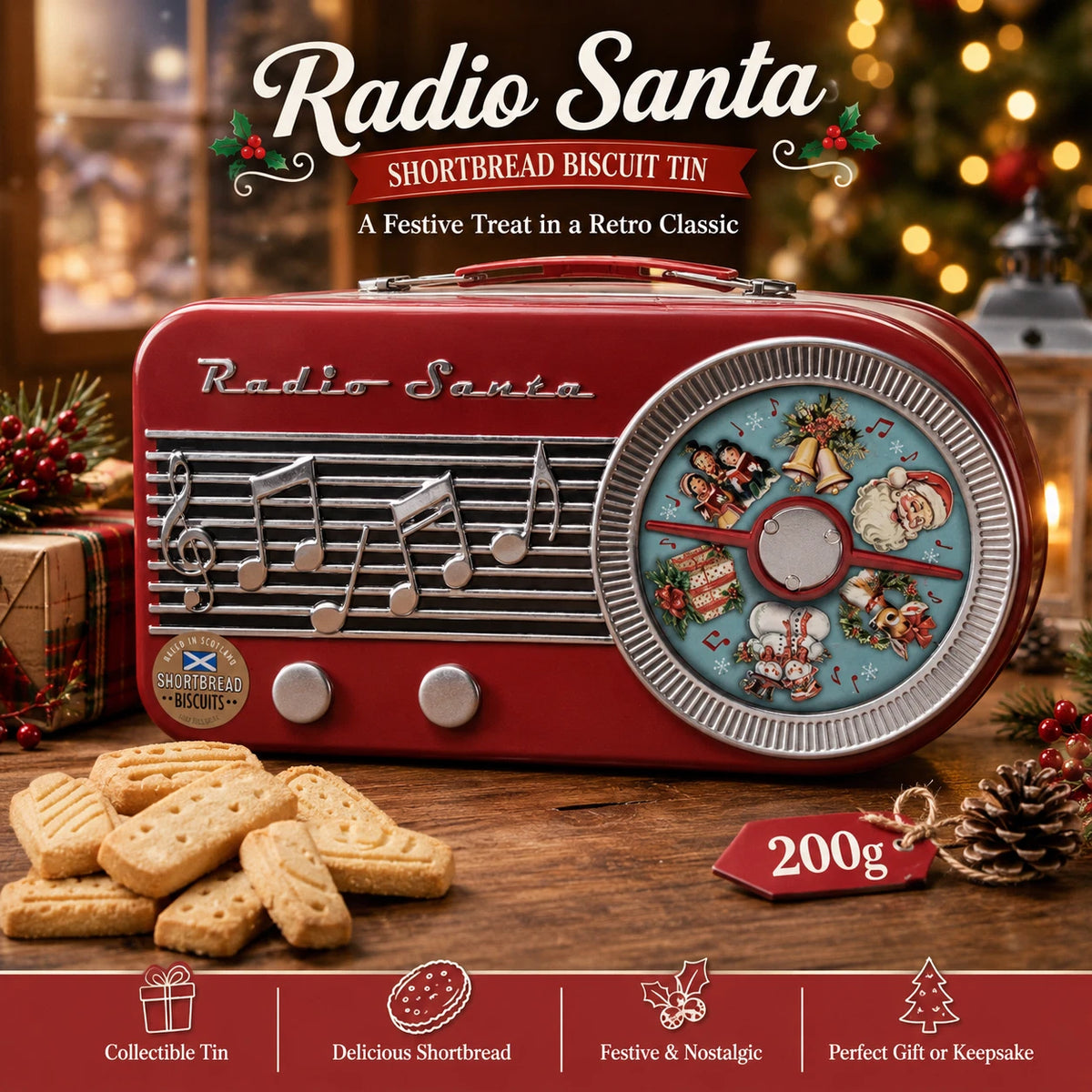 Christmas Santa Radio Shortbread Biscuit Tin 200g – Red Retro Keepsake Gift Tin