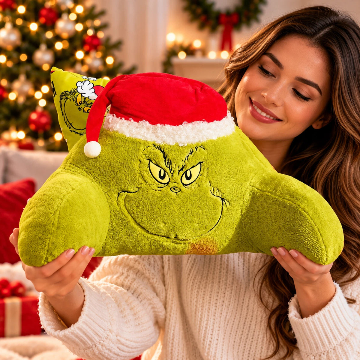 The Grinch Christmas Plush Bed Rest Pillow with Arms & Santa Hat Green Backrest Cushion 43cm