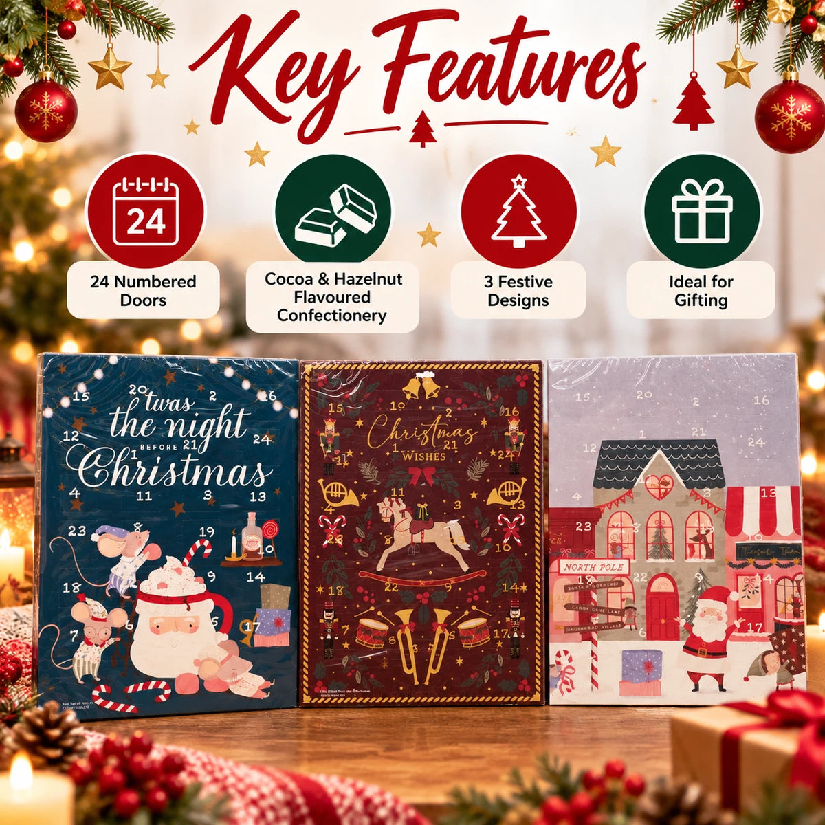 Christmas Advent Calendar 24 Day Cocoa & Hazelnut Treats – 3 Designs