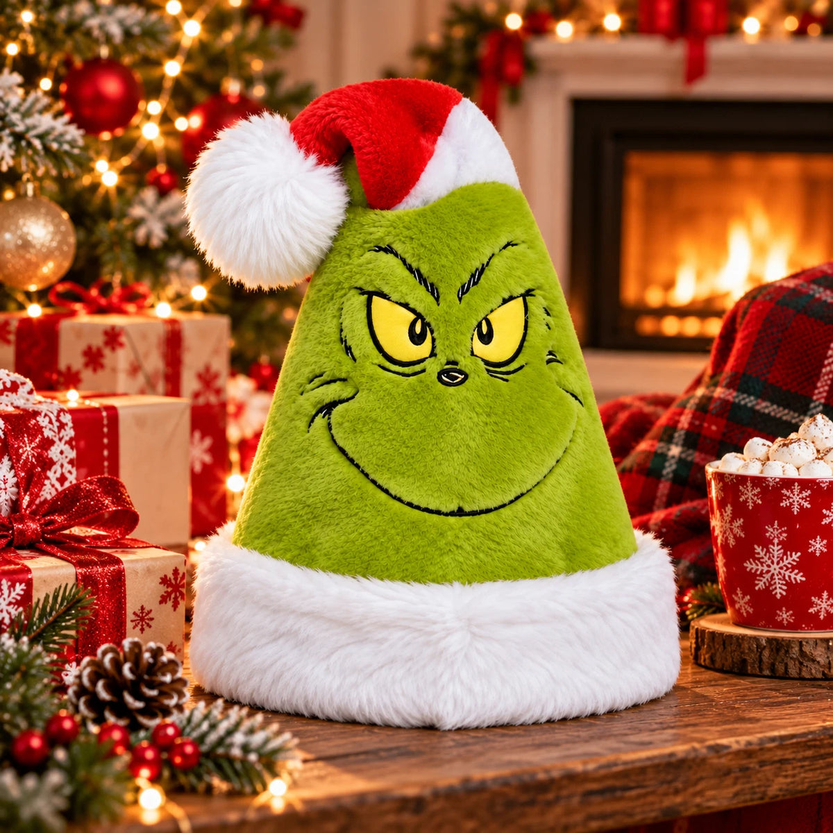 The Grinch Adult Santa Hat Green Fluffy Novelty Christmas Hat with White Trim & Pom-Pom