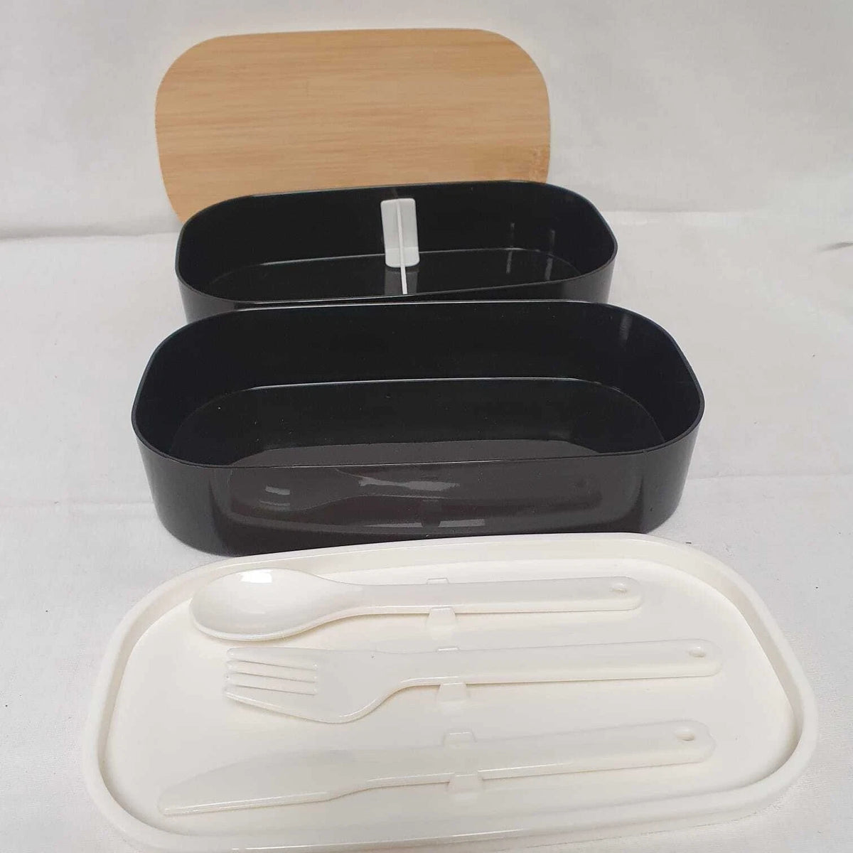 2 Tier Bento Lunch Box with Bamboo Lid, Reusable Cutlery & Elastic Strap – Black or White