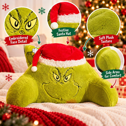The Grinch Christmas Plush Bed Rest Pillow with Arms & Santa Hat Green Backrest Cushion 43cm
