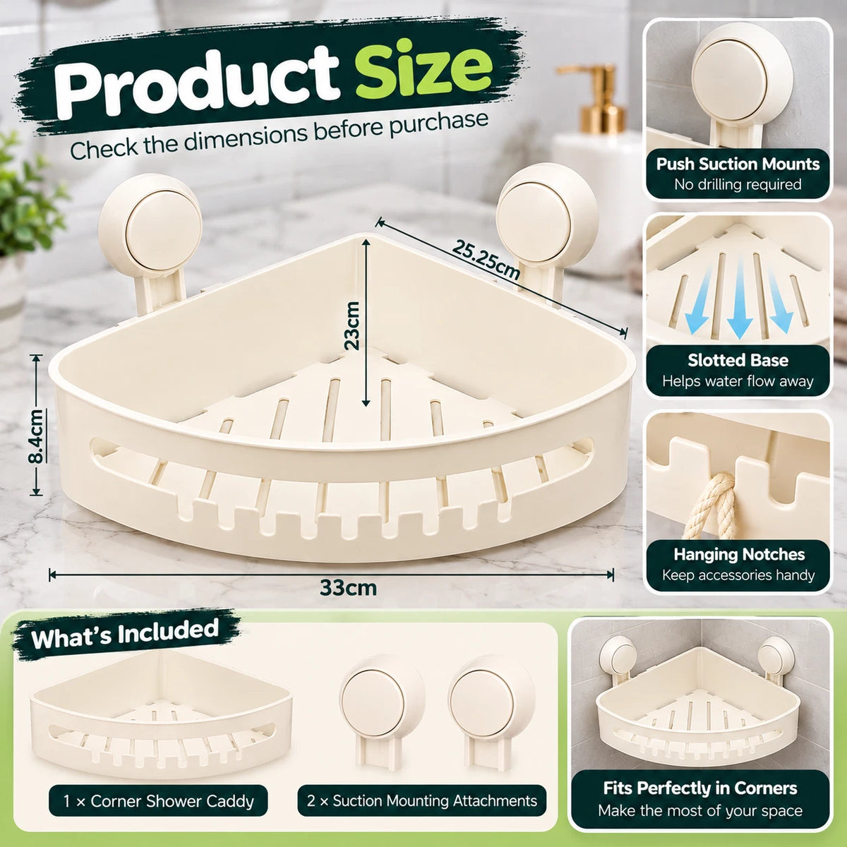 White Corner Shower Caddy with Suction Cups – No Drill Bathroom Storage Shelf