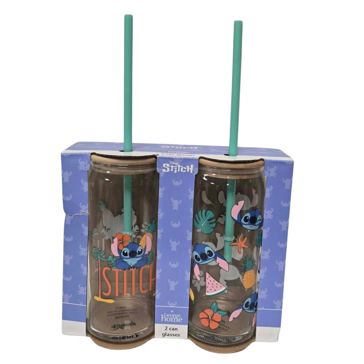 Disney Stitch Drinking Glasses Set of 2 with Lids & Straws Tropical Gift Set