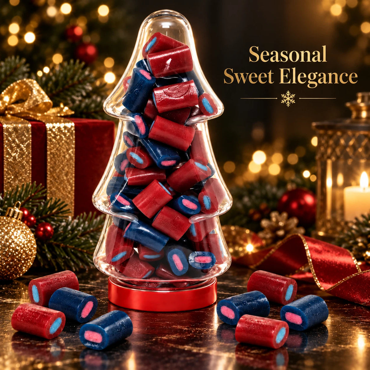 Halal Strawberry & Bubblegum Soft Candy in Christmas Tree-Shaped Sweet Jar