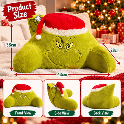 The Grinch Christmas Plush Bed Rest Pillow with Arms & Santa Hat Green Backrest Cushion 43cm