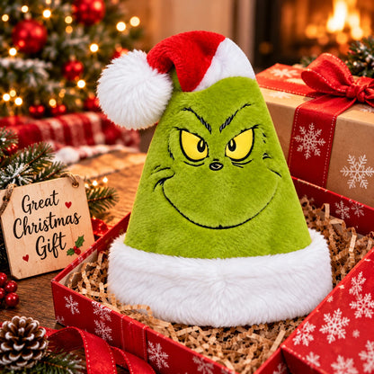 The Grinch Adult Santa Hat Green Fluffy Novelty Christmas Hat with White Trim & Pom-Pom