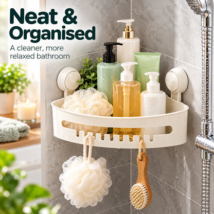 White Corner Shower Caddy with Suction Cups – No Drill Bathroom Storage Shelf