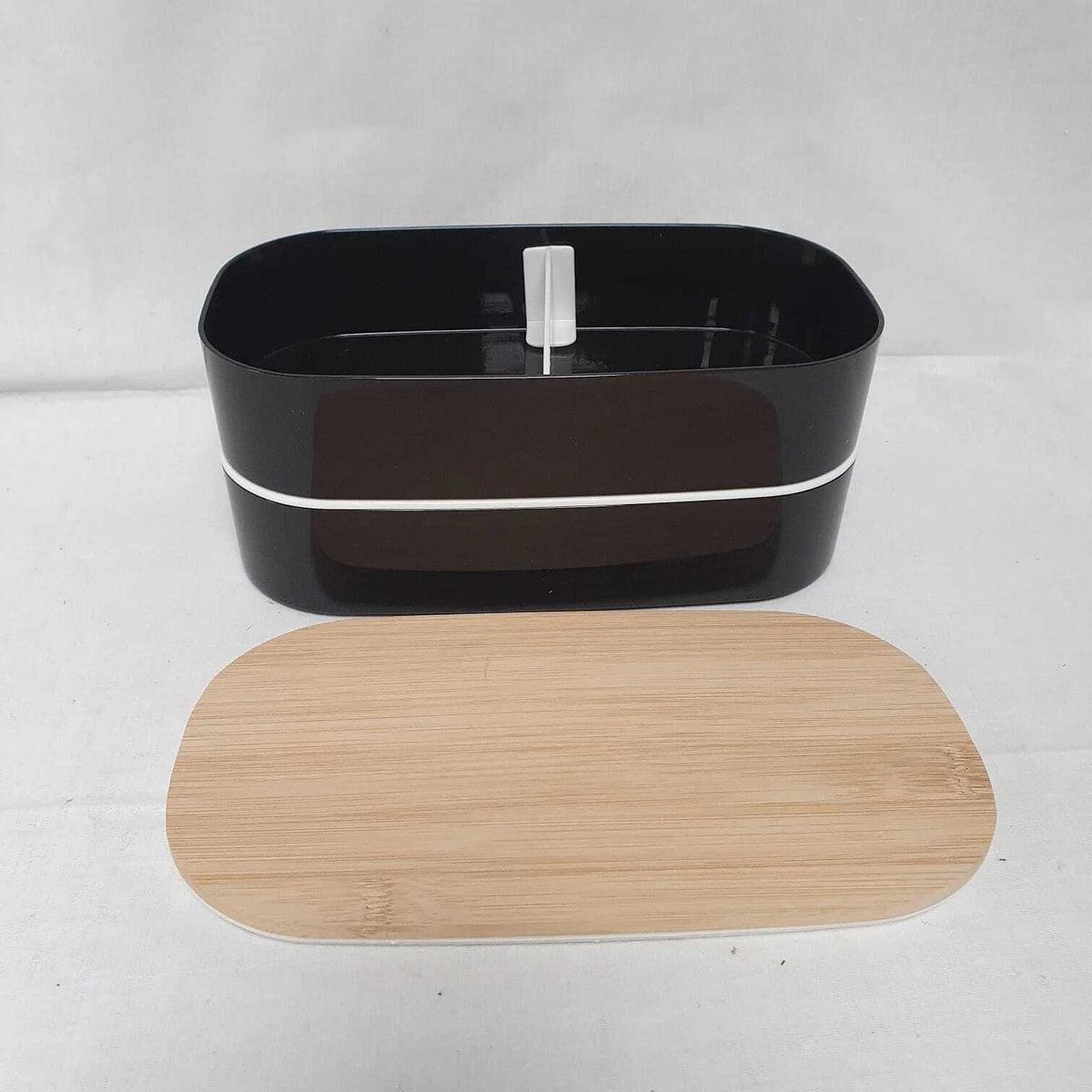 2 Tier Bento Lunch Box with Bamboo Lid, Reusable Cutlery & Elastic Strap – Black or White