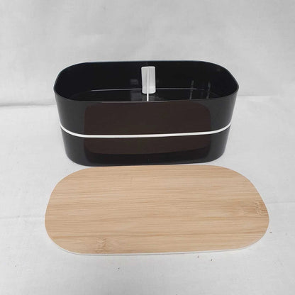 2 Tier Bento Lunch Box with Bamboo Lid, Reusable Cutlery & Elastic Strap – Black or White