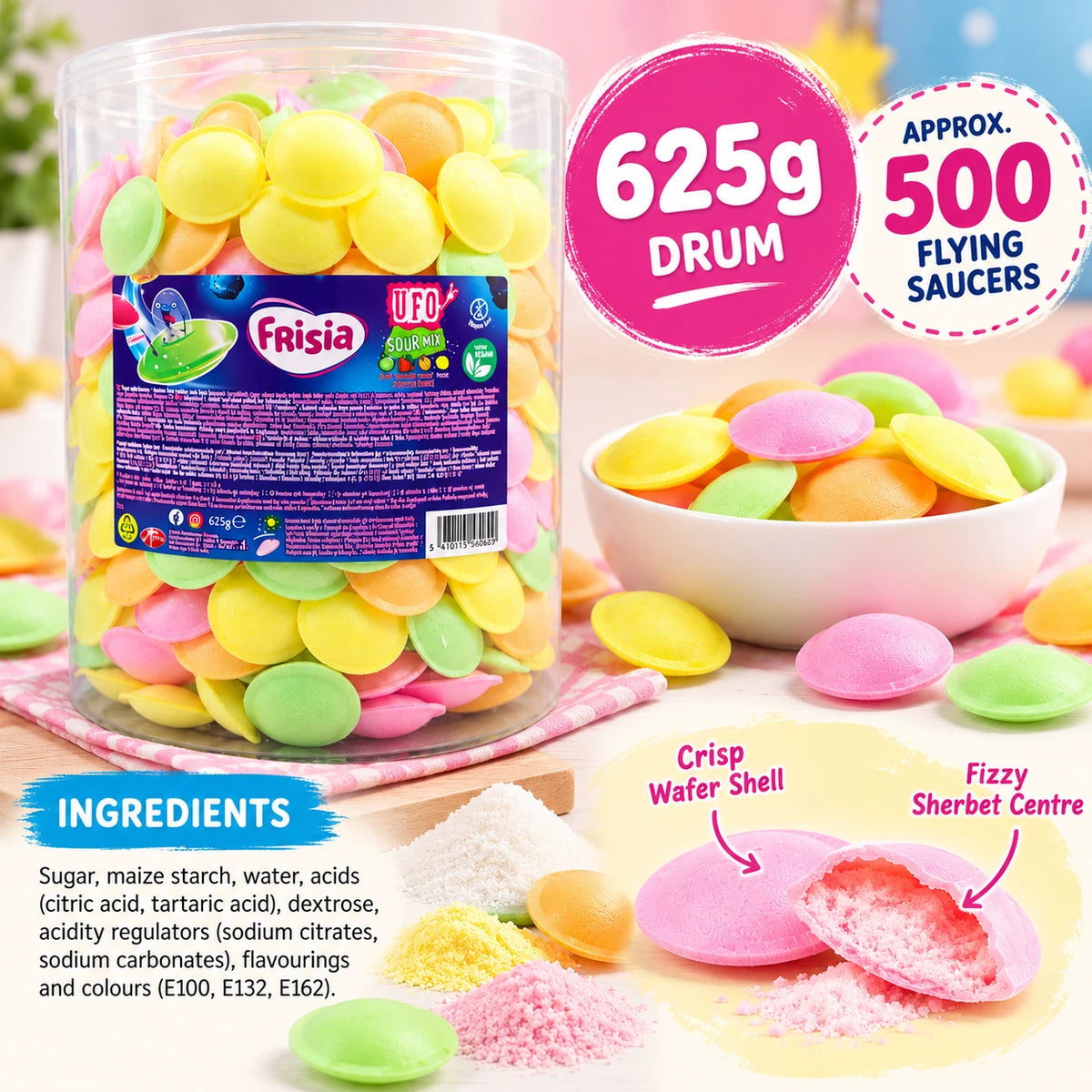 Frisia Sour Mix Flying Saucers 625g Drum – Approx. 500 Sherbet Wafer Sweets