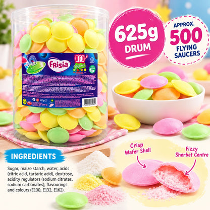 Frisia Sour Mix Flying Saucers 625g Drum – Approx. 500 Sherbet Wafer Sweets