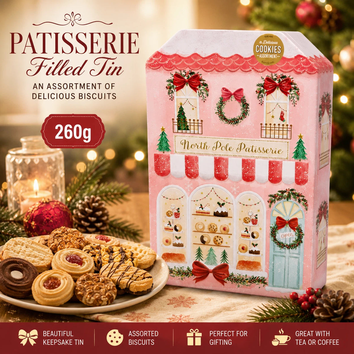Christmas Patisserie Biscuit Assortment Tin 260g – 6 Varieties in Pink Festive Gift Tin
