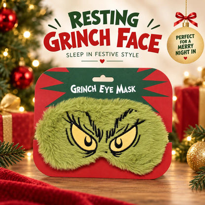 Green Plush Christmas Eye Mask with Embroidered Eyes & Elasticated Strap – Novelty Festive Gift